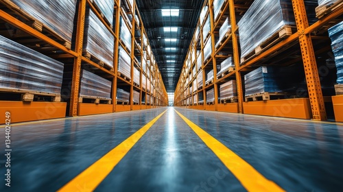 Obraz na płótnie Spacious warehouse interior with tall racking systems and neatly stacked pallets. Perfect for logistics, storage, and industrial business themes. w salonie