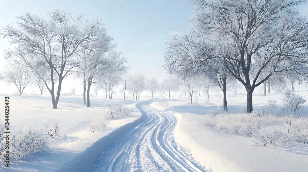 Fototapeta premium Snowy road with trees on bright winter day use banner