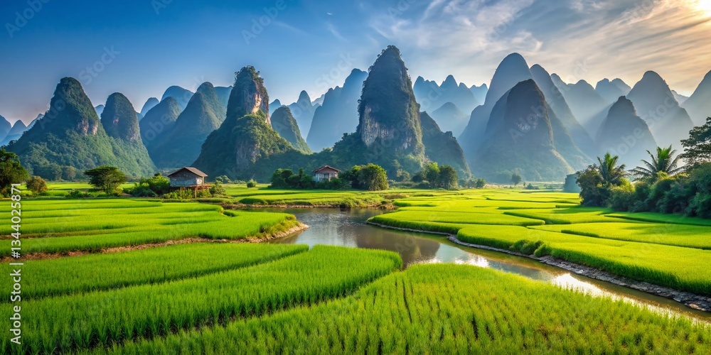 Fototapeta premium Guilin China: Breathtaking Panoramic View of Mountain, River, and Rice Terraces