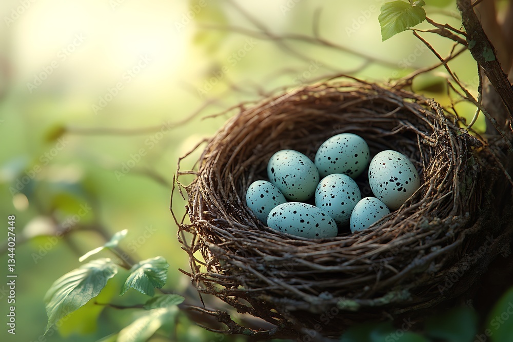 Serene Bird's Nest with Speckled Eggs in Springtime Nature Scene Serene Bird's Nest with Speckled Eggs in Springtime Nature Scene