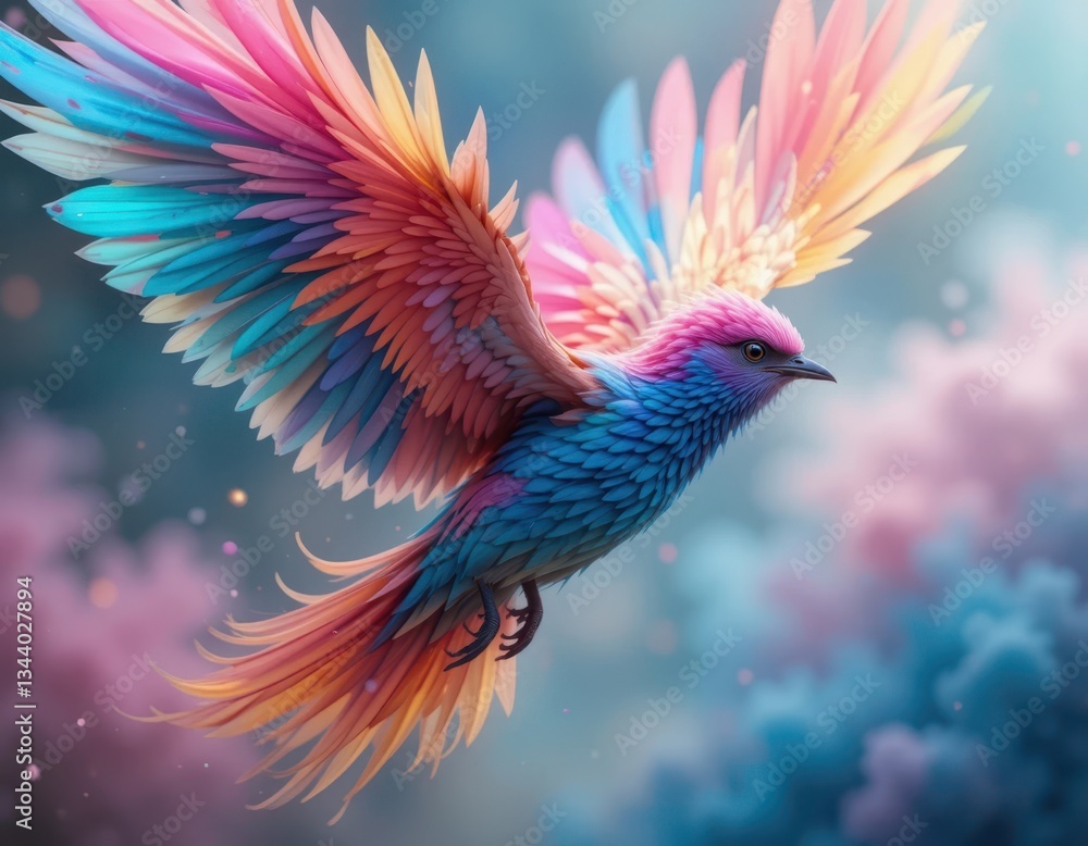 Obraz premium Colorful fantasy bird in flight ethereal landscape digital art vibrant environment artistic viewpoint