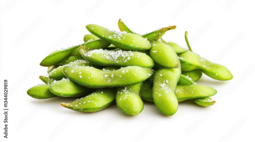 Handful of Edamame Pods Sprinkled with Sea Salt on White Background Handful of Edamame Pods Sprinkled with Sea Salt on White Background