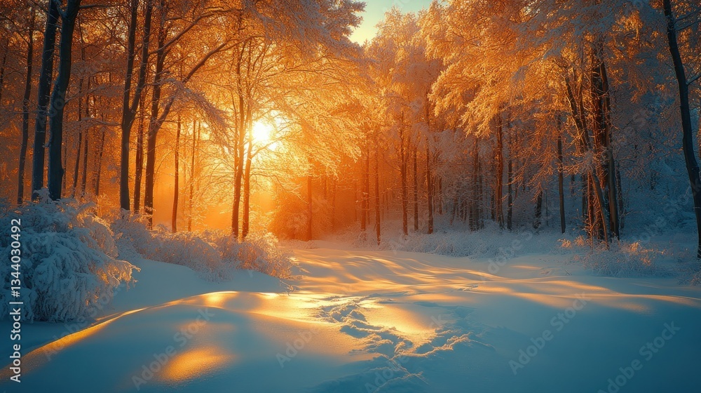 Naklejka premium Golden sunrise illuminates a snow-covered forest path