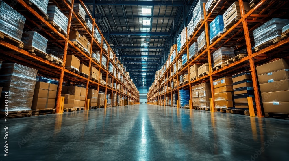 Spacious warehouse interior with tall racking systems and neatly stacked pallets. Perfect for logistics, storage, and industrial business themes. Spacious warehouse interior with tall racking systems and neatly stacked pallets. Perfect for logistics, storage, and industrial business themes.