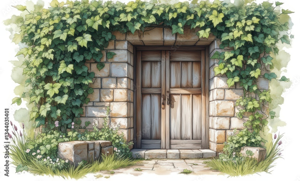 Rustic wooden door covered in ivy Rustic wooden door covered in ivy