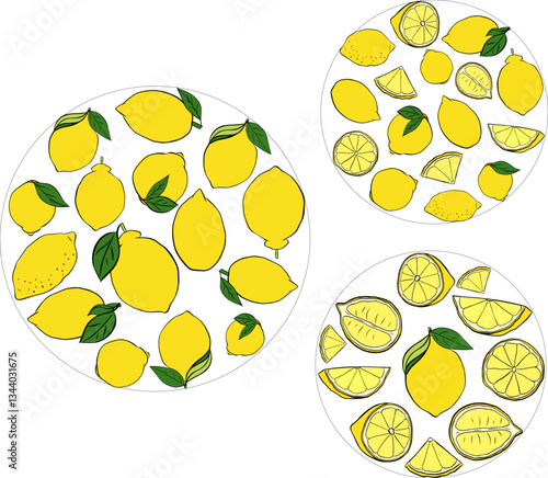 Lemons with leaves circle round composition set. Vector Graphic line ink yellow hand made illustration. Food preparation and kitchenware. For logo, web, package, sticker.