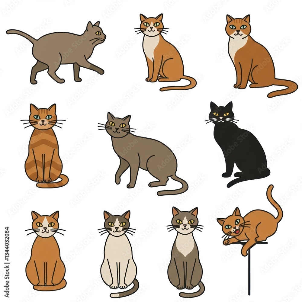 Fototapeta premium Charming Cartoon Cat Illustration Set Featuring Diverse Breeds for Graphic Design and Pet-Themed Projects.