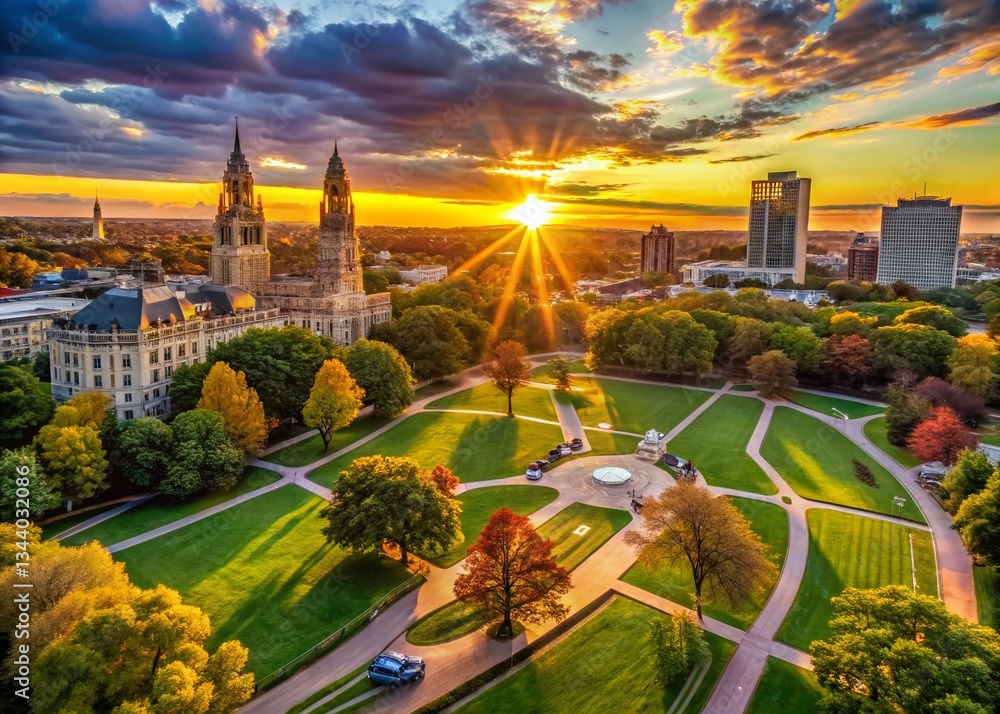 Fototapeta premium Hartford Sunset Aerial: Bushnell Park Golden Hour Panorama