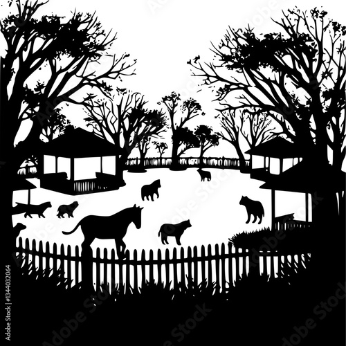 Monochrome zoo at night with glowing enclosures illustration