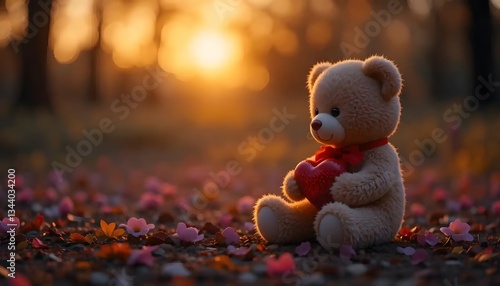 Teddy Bear Sitting Holding Heart in Forest with Warm Sunset Glow