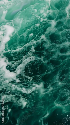 Vibrant green ocean waves crash with white foam near a shoreline during midday