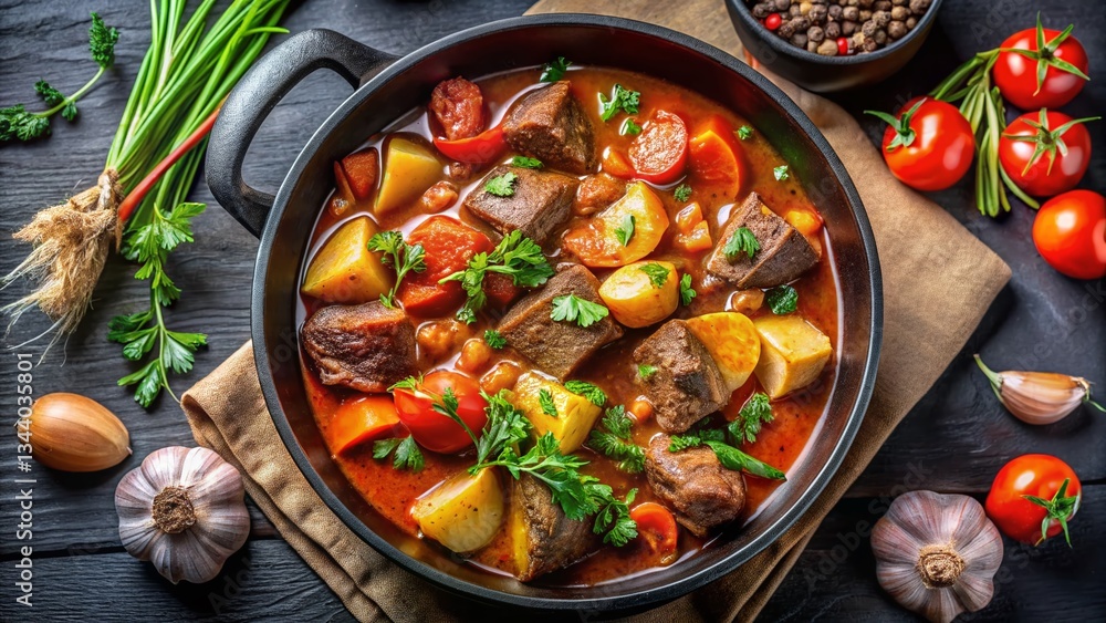 Hearty Beef Stew: Top-Down View of Irish Stew in a Black Pan Hearty Beef Stew: Top-Down View of Irish Stew in a Black Pan