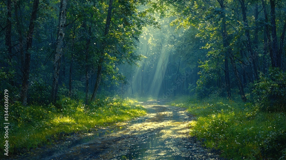Fototapeta premium Sunbeams filter through the canopy of a vibrant lush forest pathway
