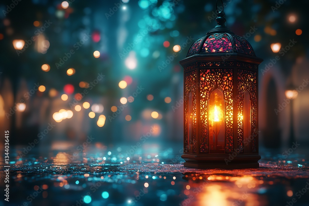 A colorful lantern that glows at night and sparkles with bokeh lights on the ground during Ramadan. Generative Ai A colorful lantern that glows at night and sparkles with bokeh lights on the ground during Ramadan. Generative Ai