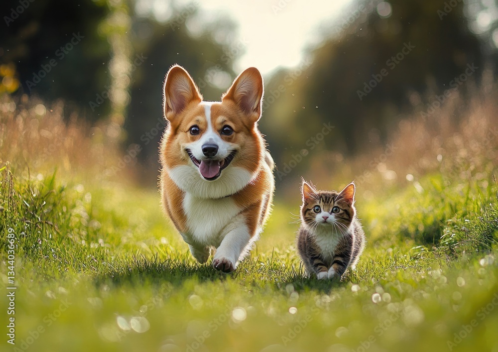 corgi dog and curious cat walking together in a sunny summer meadow with warm rain drops corgi dog and curious cat walking together in a sunny summer meadow with warm rain drops