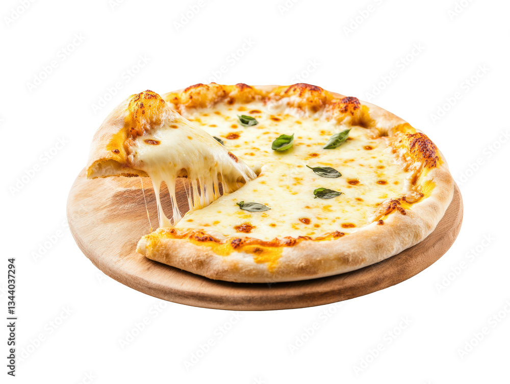 Freshly baked cheese pizza on a wooden serving board on a transparent background, cut out Freshly baked cheese pizza on a wooden serving board on a transparent background, cut out