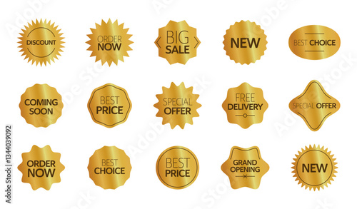 Golden sale labels set, shiny promotional badges, discount, best price, order now, special offer, free delivery, new arrival, grand opening, vector illustration.
