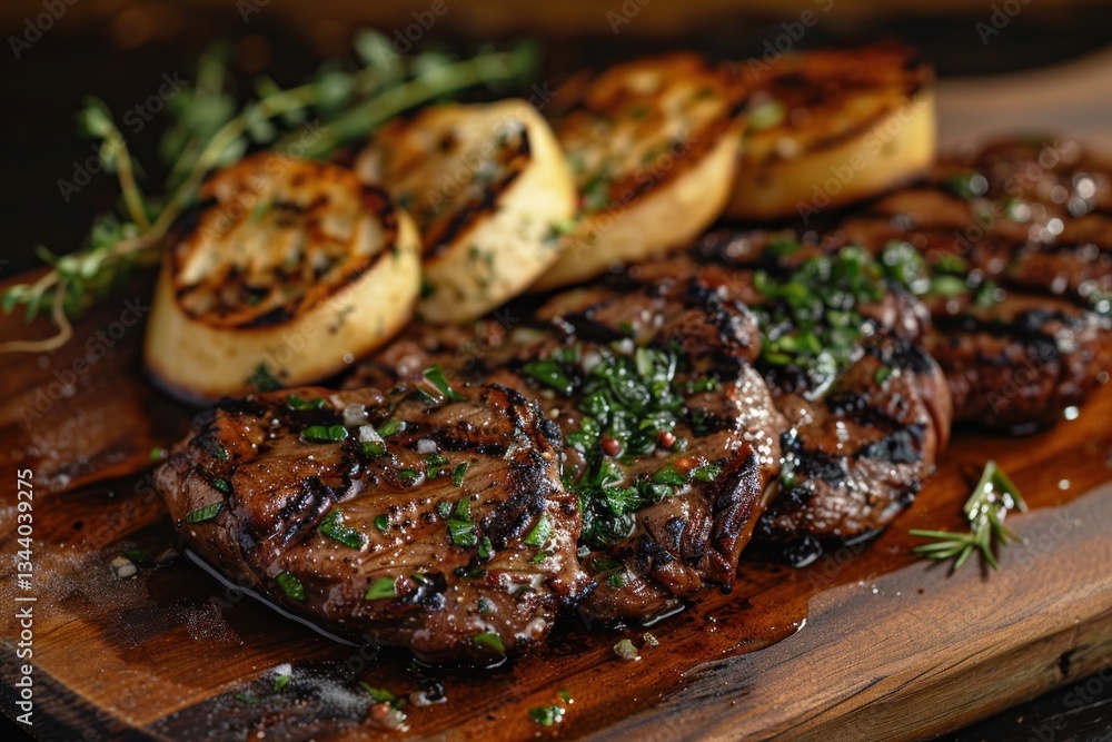 Grilled steak and roasted root vegetables on wooden board Grilled steak and roasted root vegetables on wooden board