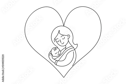 Mother and baby continuous single line art and isolated outline vector design
