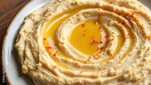 Creamy Hummus with Olive Oil Drizzle and Paprika Garnish