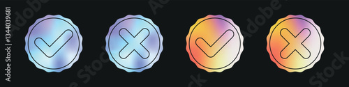 A set of four gradient badge icons with checkmarks and crosses, symbolizing approval and rejection, on a dark background. Ideal for UI, apps, or web design.