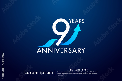 9th years anniversary celebration emblem. anniversary logo isolated with arrow growth up and blue ribbon on dark blue background. vector illustration template design for web, flyers, poster, greeting