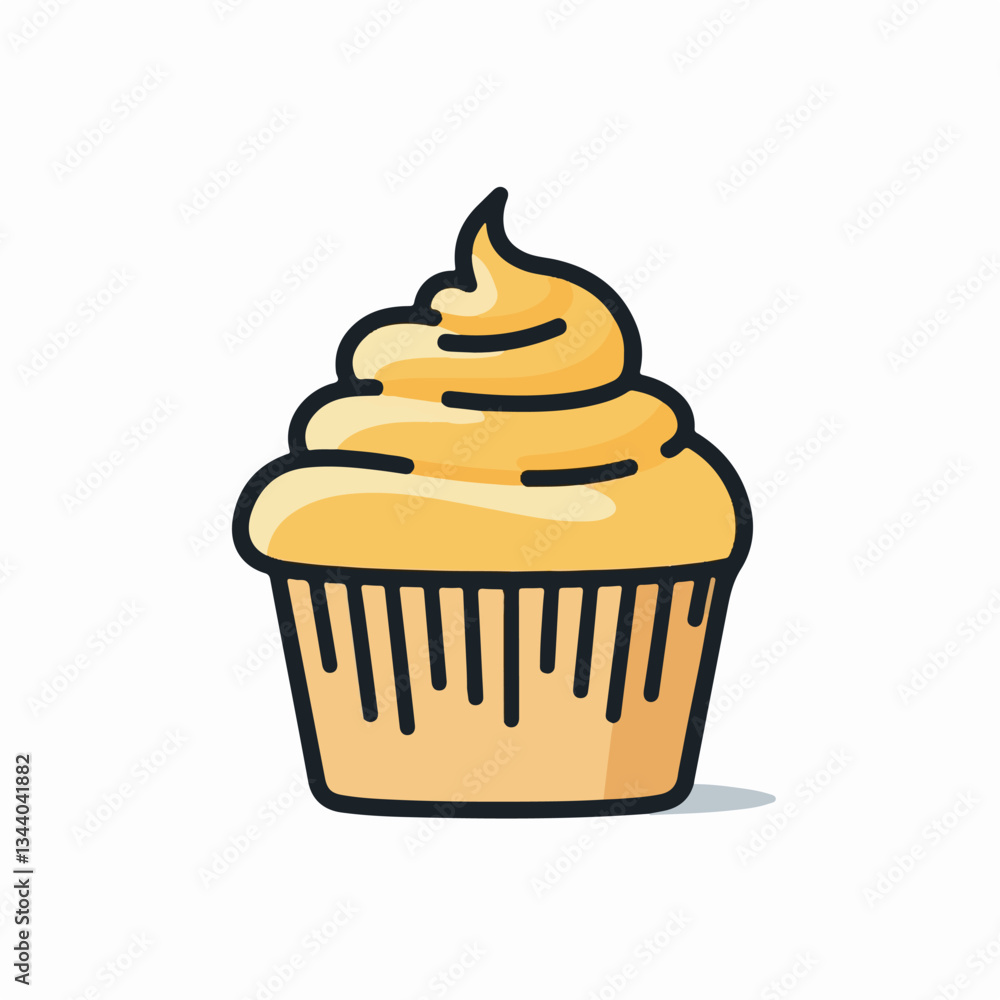 Classic golden cupcake with a swirl of frosting vector illustration, ideal for confectionery branding and advertisements. Classic golden cupcake with a swirl of frosting vector illustration, ideal for confectionery branding and advertisements.