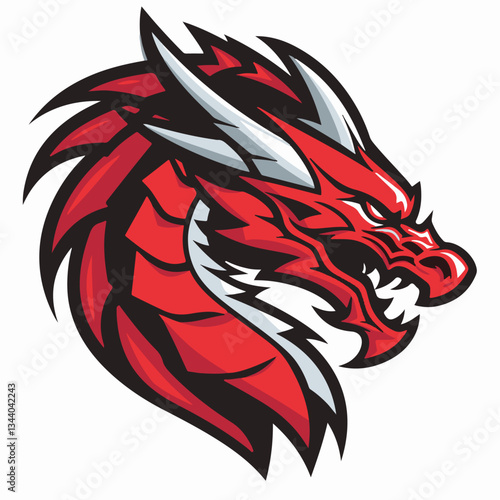 Red and black dragon head vector illustration with sharp details, perfect for branding, esports, and fantasy themes.