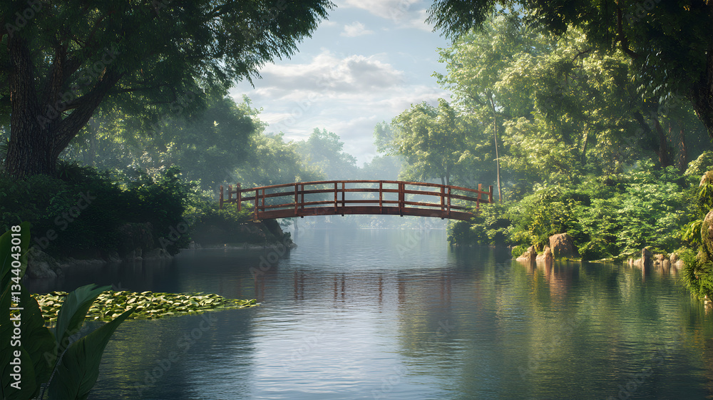 Fototapeta premium Wooden footbridge over a tranquil stream surrounded by lush garden greenery and morning light