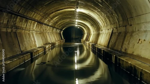 Underground tunnel featuring stagnant water and illuminated walls
