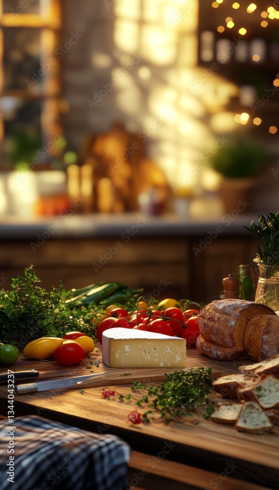 Fototapeta premium Charming dining table set with fresh ingredients, artisanal bread, and rich cheeses in cozy lighting