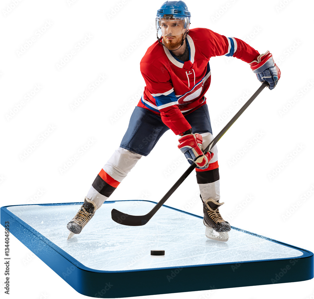 Focused man, hockey player with hockey stick getting ready to bullet standing on ice on 3d phone screen isolated on transparent background. Concept of sport, game, event, gadgets, betting. Ads