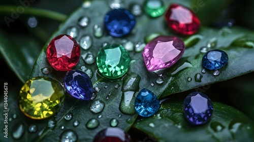 A collection of colorful gemstones scattered across a green leaf covered in water droplets