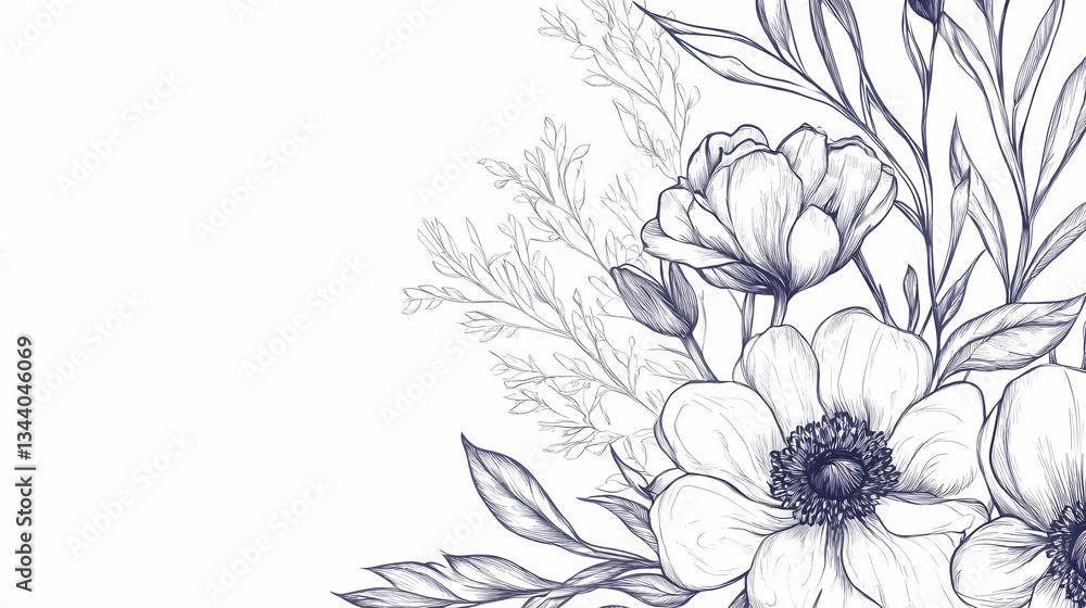 Fototapeta Elegant floral illustration, corner design, white background, wedding invitation