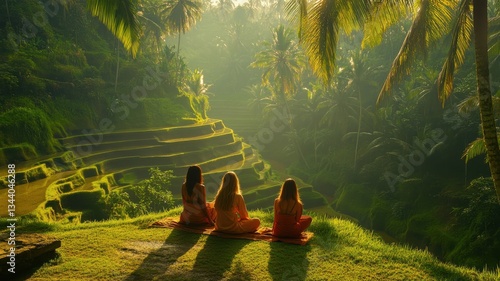 Serene meditation retreat amidst lush rice terraces at sunrise in Bali