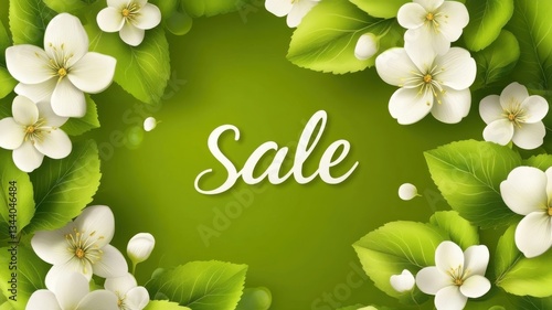 Seasonal floral promotion featuring the word sale surrounded by vibrant green leaves and white blossoms in a natural setting