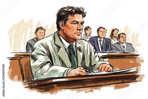 Serious Male Defendant in Courtroom Facing Jury During Trial