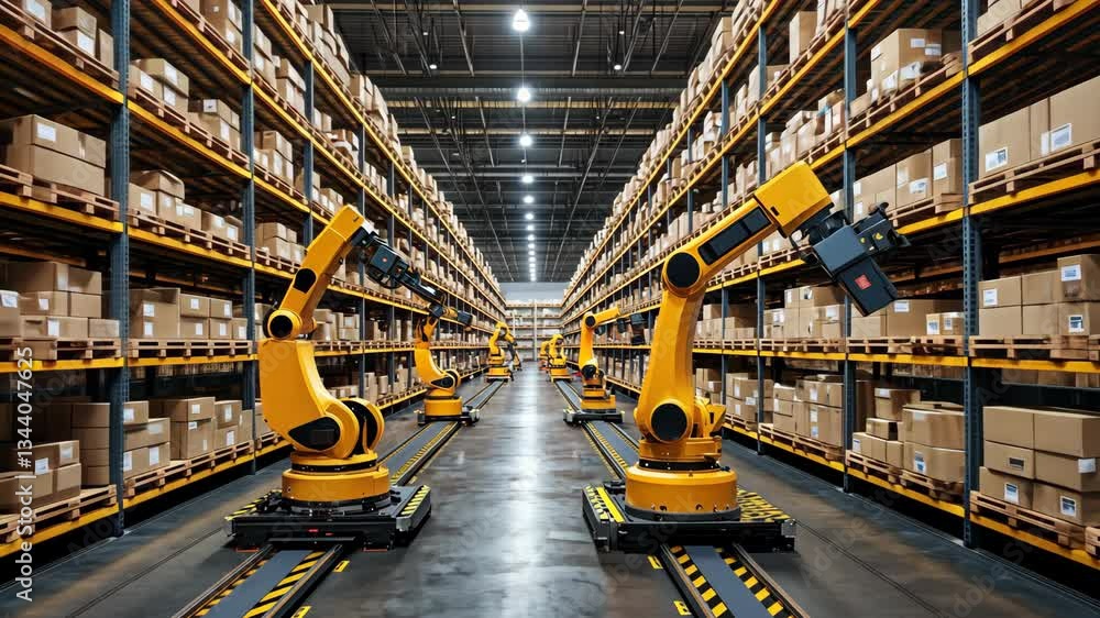 Industrial Warehouse with Robotic Arms and Stacked Cardboard Boxes Industrial Warehouse with Robotic Arms and Stacked Cardboard Boxes