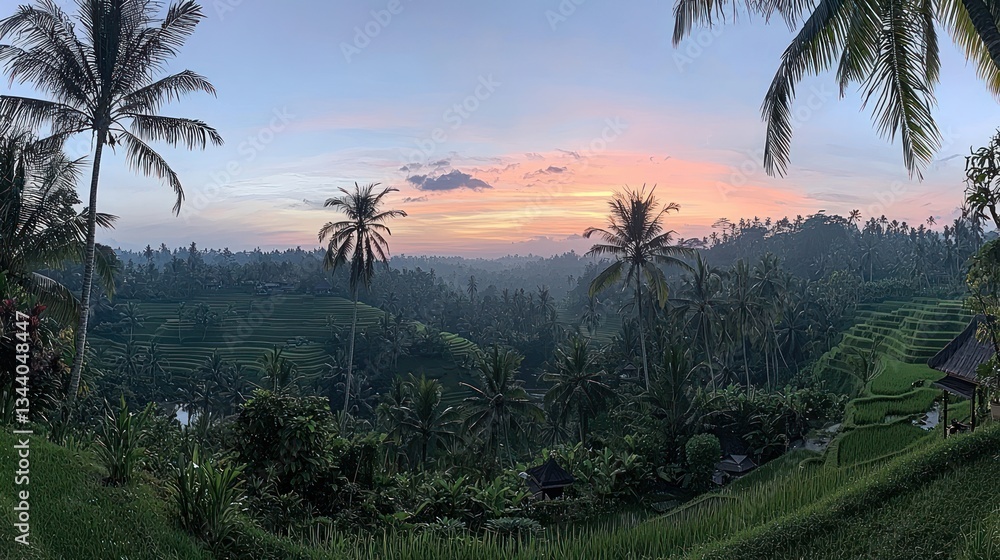 Fototapeta premium Serene sunrise over lush rice terraces in tropical Balinese landscape