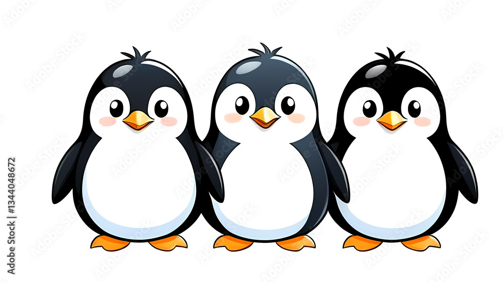 Naklejka premium Three cute penguin friends, fun and playful cartoon illustration with adorable charm