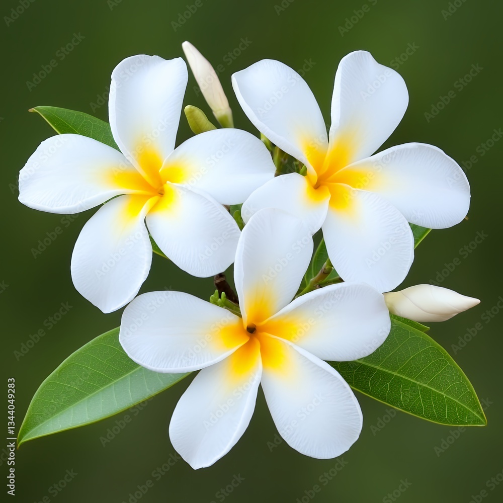 Fototapeta premium Three White Plumeria Blossoms with Yellow Centers and Green Leaves