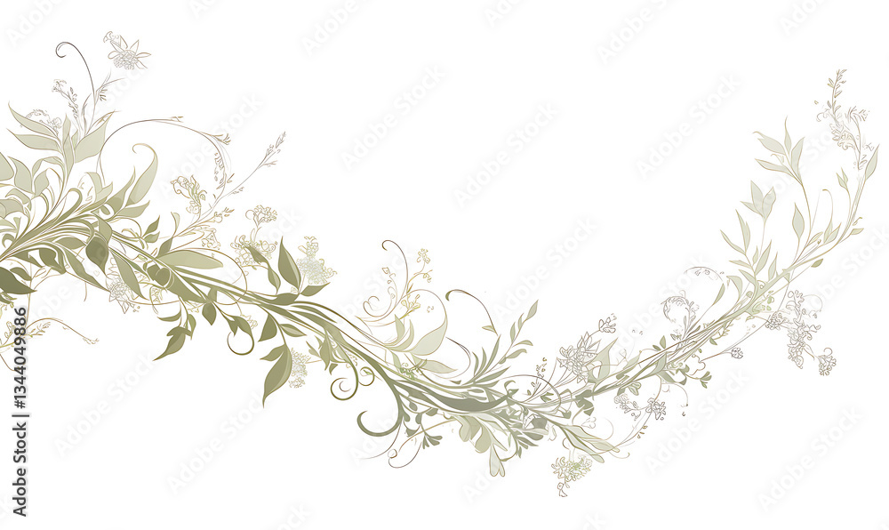.Illustration of trees, leaves, grass and various botanical elements on a white background.