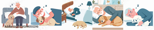 vector of grandfather sleeping with dog
