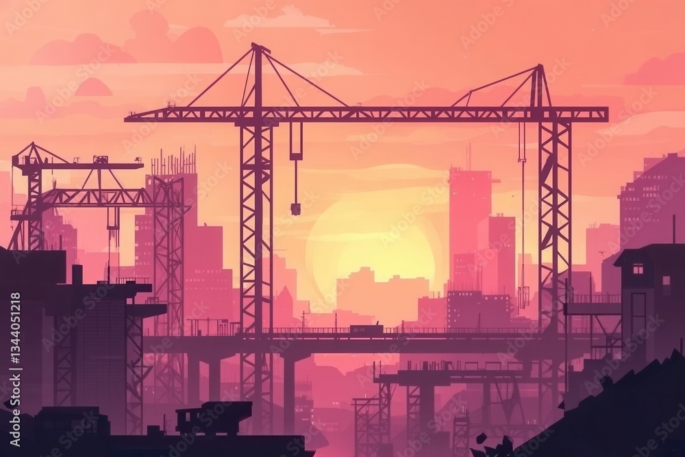 Fototapeta premium Sunset Construction Scene with Cranes and Urban Silhouettes