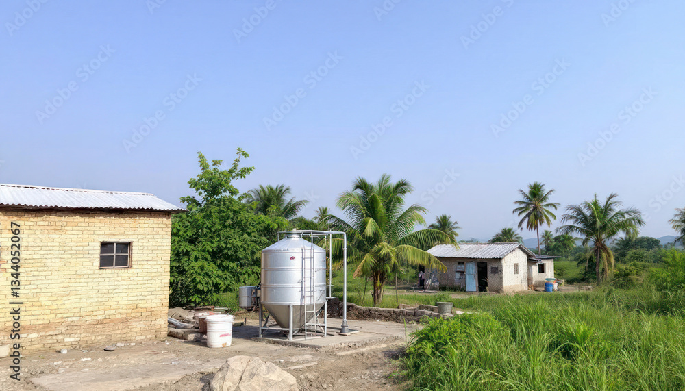 Rural African Landscape with Farm Buildings and Storage Silo Rural African Landscape with Farm Buildings and Storage Silo