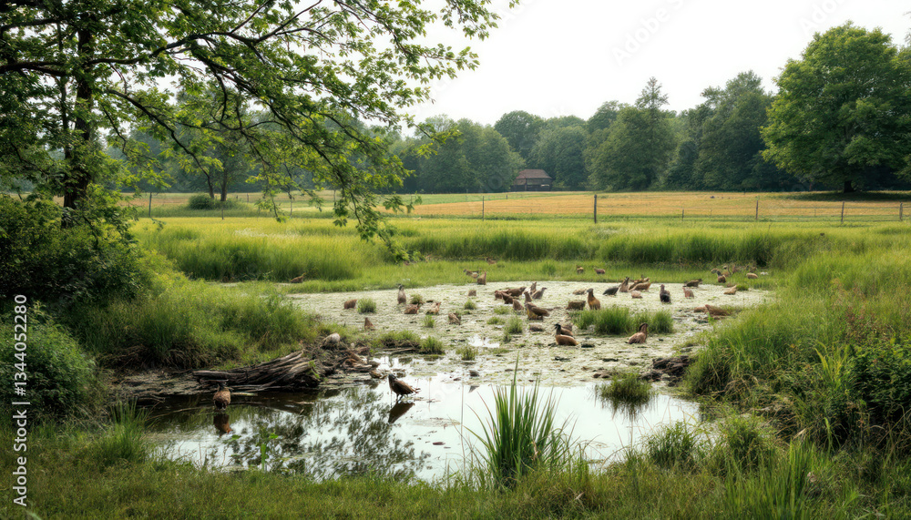 Serene Landscape: Ducks at Rest in a Verdant Meadow Serene Landscape: Ducks at Rest in a Verdant Meadow