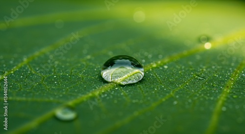 Macro Photography of a Large Dewdrop on a Vibrant Green Leaf, Showing Detailed Texture and Water Reflection