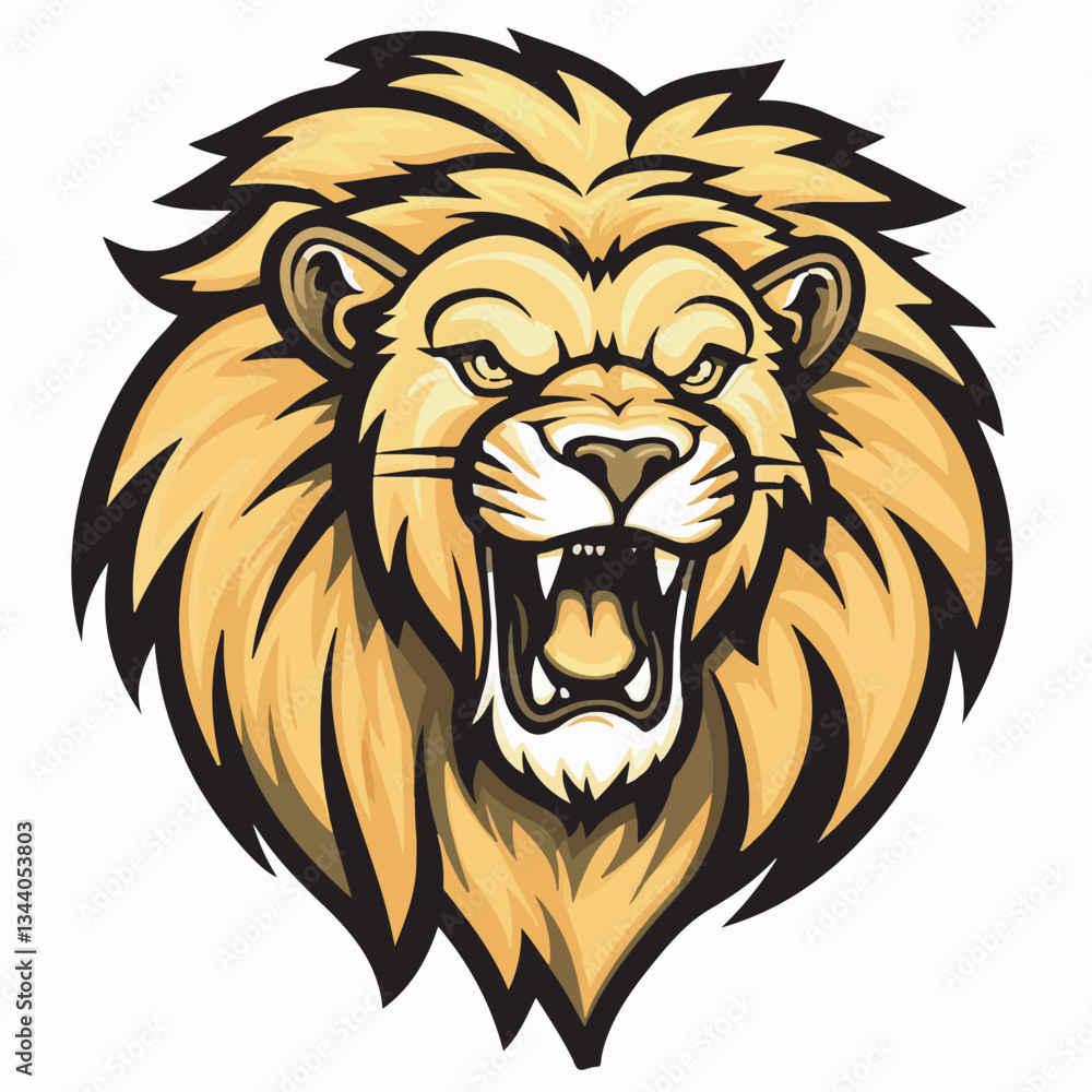 Fototapeta premium Realistic golden lion head roaring with intense expression, representing power and leadership.