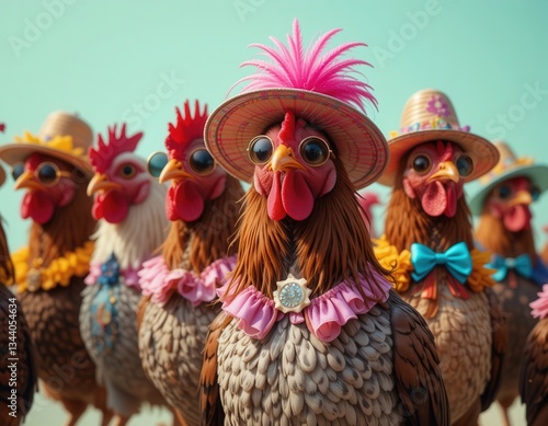 Wallpaper Mural Festive chicken parade farmyard animal photography sunny background close-up whimsical celebration Torontodigital.ca