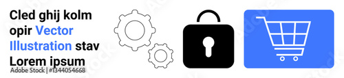 Gear icons, a lock, and a shopping cart representing e-commerce security, settings, and digital transactions. Ideal for technology, shopping security, web design, online stores financial platforms